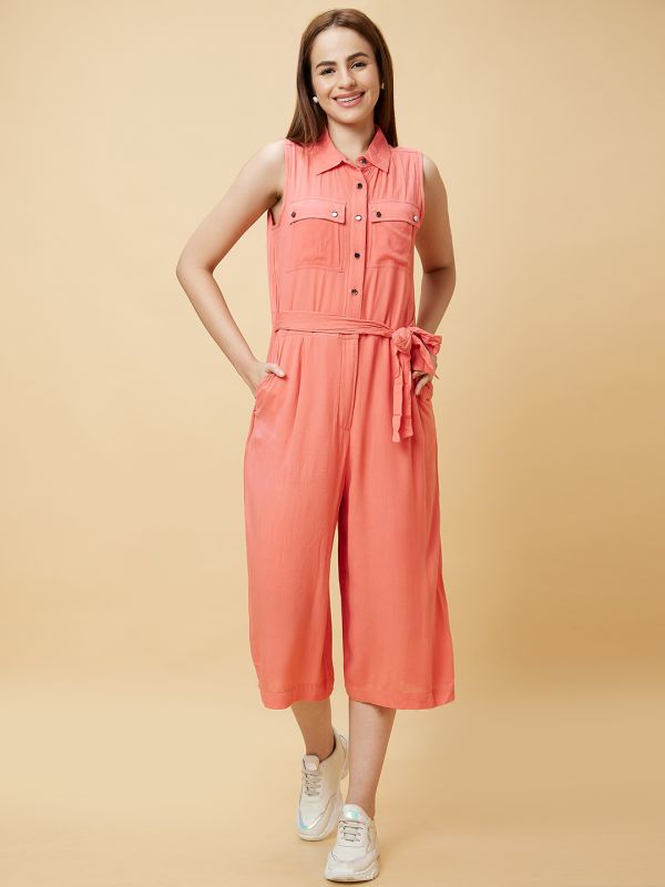 Globus Women Coral Solid Casual Culottes Jumpsuit with Waist Tie-Up and Chest Pocket Detailing