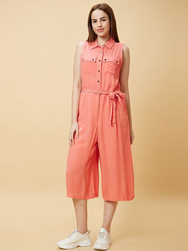 Globus Women Coral Solid Casual Culottes Jumpsuit with Waist Tie-Up and Chest Pocket Detailing