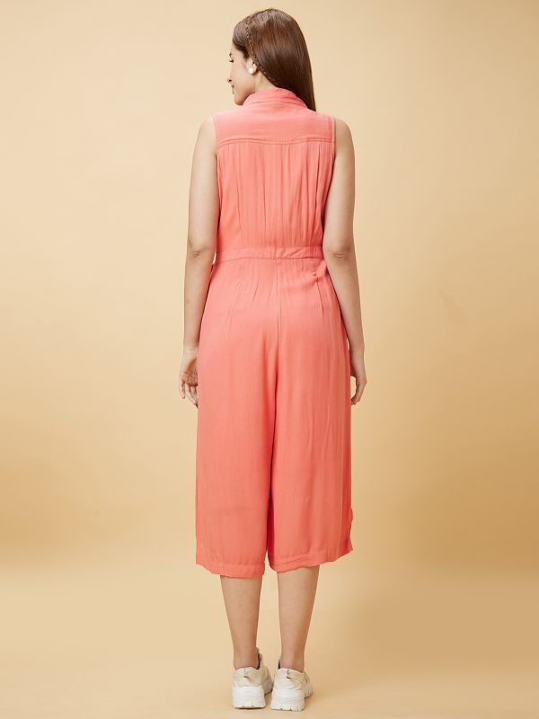 Globus Women Coral Solid Casual Culottes Jumpsuit with Waist Tie-Up and Chest Pocket Detailing