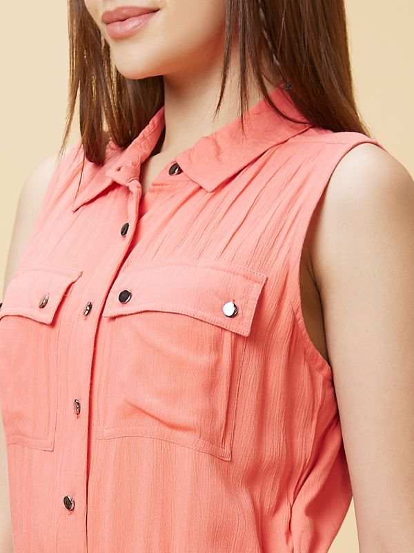Globus Women Coral Solid Casual Culottes Jumpsuit with Waist Tie-Up and Chest Pocket Detailing