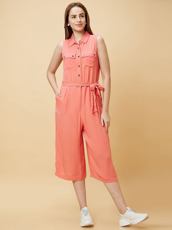 Globus Women Coral Solid Casual Culottes Jumpsuit with Waist Tie-Up and Chest Pocket Detailing