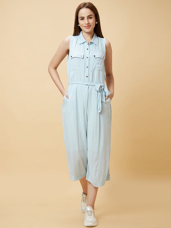 Globus Women Blue Solid Casual Culottes Jumpsuit with Waist Tie-Up and Chest Pocket Detailing