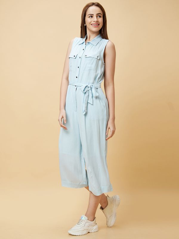 Globus Women Blue Solid Casual Culottes Jumpsuit with Waist Tie-Up and Chest Pocket Detailing