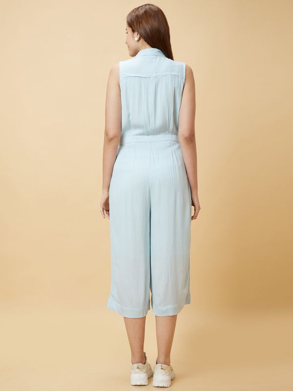 Globus Women Blue Solid Casual Culottes Jumpsuit with Waist Tie-Up and Chest Pocket Detailing