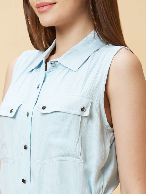 Globus Women Blue Solid Casual Culottes Jumpsuit with Waist Tie-Up and Chest Pocket Detailing