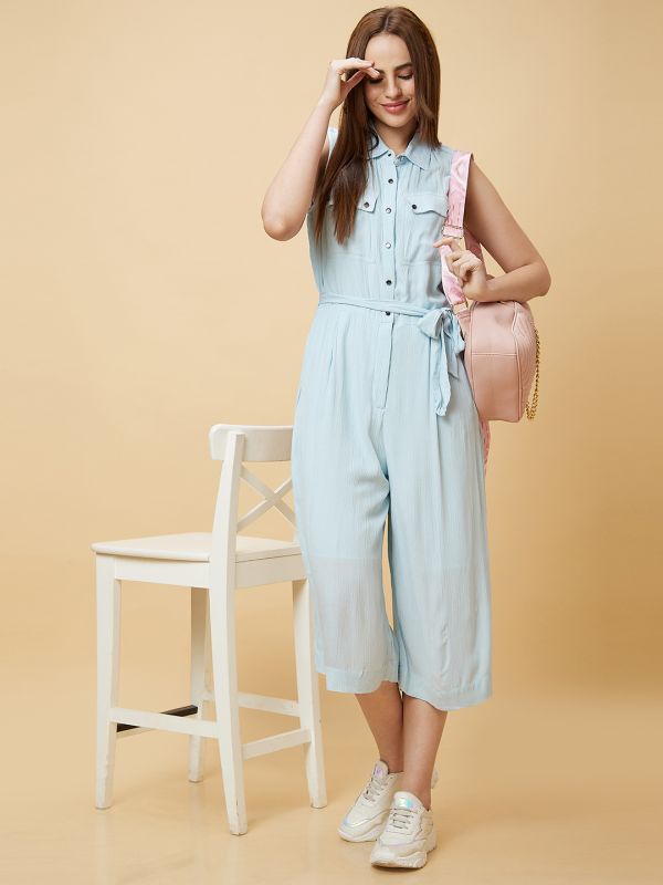 Globus Women Blue Solid Casual Culottes Jumpsuit with Waist Tie-Up and Chest Pocket Detailing