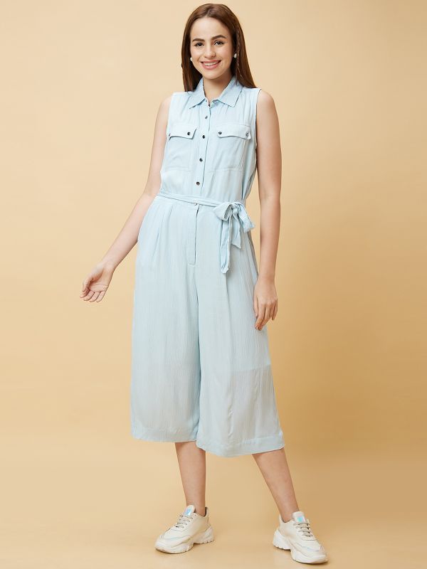 Globus Women Blue Solid Casual Culottes Jumpsuit with Waist Tie-Up and Chest Pocket Detailing