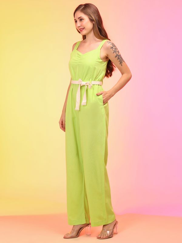 Globus Women Lime Sweetheart Neck Shoulder Straps Smocked Waist Tie-Ups Jumpsuit