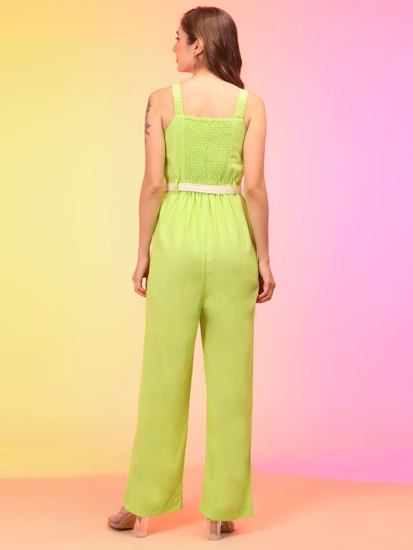 Globus Women Lime Sweetheart Neck Shoulder Straps Smocked Waist Tie-Ups Jumpsuit