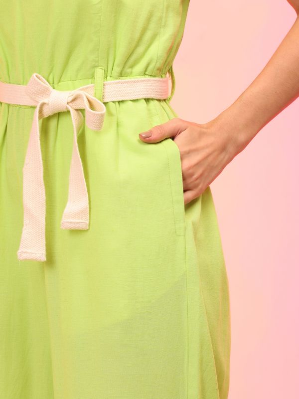 Globus Women Lime Sweetheart Neck Shoulder Straps Smocked Waist Tie-Ups Jumpsuit