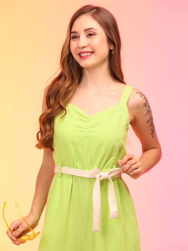 Globus Women Lime Sweetheart Neck Shoulder Straps Smocked Waist Tie-Ups Jumpsuit