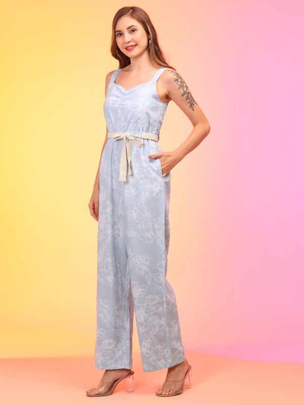 Globus Women Blue Floral Print Sweetheart Neck Waist Tie-Ups Jumpsuit