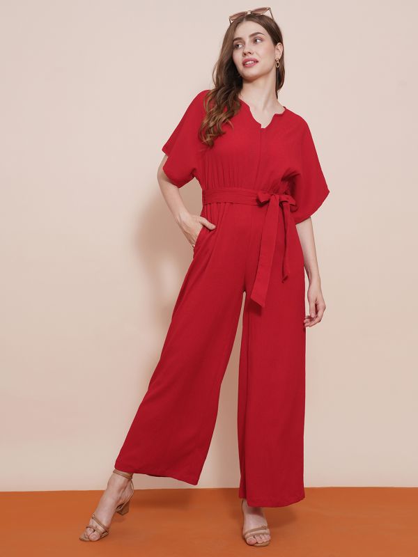 Globus Women Red Round Neck With V Cut Kimono Sleeves Waist Tie-Up Longline Jumpsuit