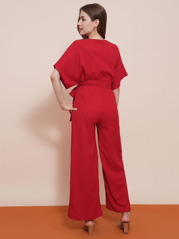 Globus Women Red Round Neck With V Cut Kimono Sleeves Waist Tie-Up Longline Jumpsuit