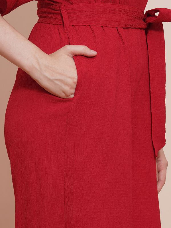 Globus Women Red Round Neck With V Cut Kimono Sleeves Waist Tie-Up Longline Jumpsuit
