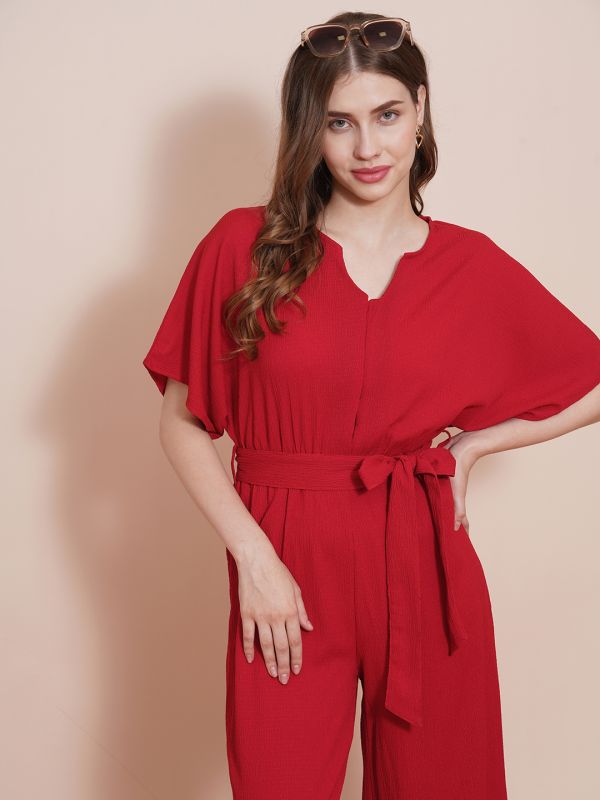Globus Women Red Round Neck With V Cut Kimono Sleeves Waist Tie-Up Longline Jumpsuit