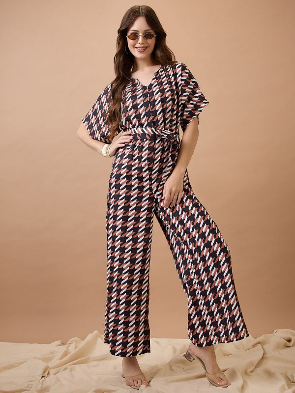 Globus Women Brown Abstract Print Round Neck with V Cut Kimono Sleeves Waist Tie-Up Longline Jumpsuit
