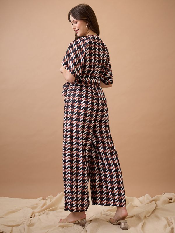 Globus Women Brown Abstract Print Round Neck with V Cut Kimono Sleeves Waist Tie-Up Longline Jumpsuit