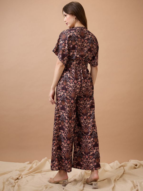 Globus Women Multi Floral Print Round Neck with V Cut Kimono Sleeves Waist Tie-Up Longline Fusion Jumpsuit
