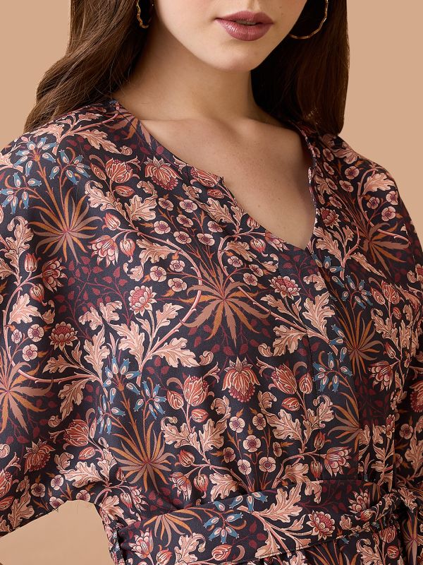 Globus Women Multi Floral Print Round Neck with V Cut Kimono Sleeves Waist Tie-Up Longline Fusion Jumpsuit