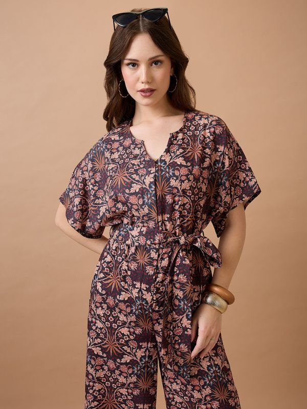 Globus Women Multi Floral Print Round Neck with V Cut Kimono Sleeves Waist Tie-Up Longline Fusion Jumpsuit