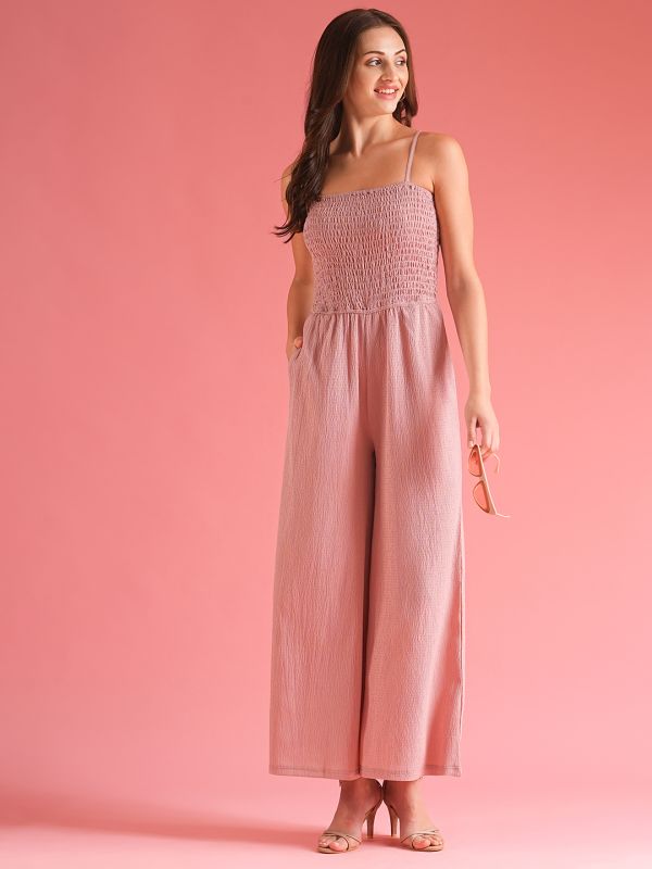 Globus Women Dusty Pink Square Neck Strappy Shoulder Self Design Stretchable Smocked Jumpsuit