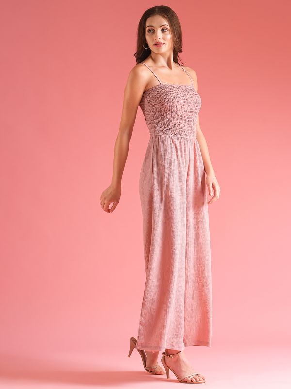 Globus Women Dusty Pink Square Neck Strappy Shoulder Self Design Stretchable Smocked Jumpsuit