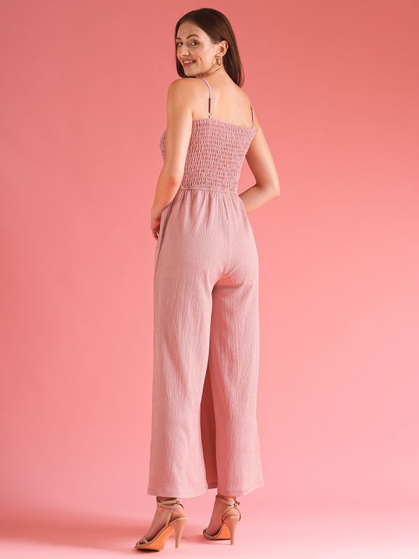 Globus Women Dusty Pink Square Neck Strappy Shoulder Self Design Stretchable Smocked Jumpsuit