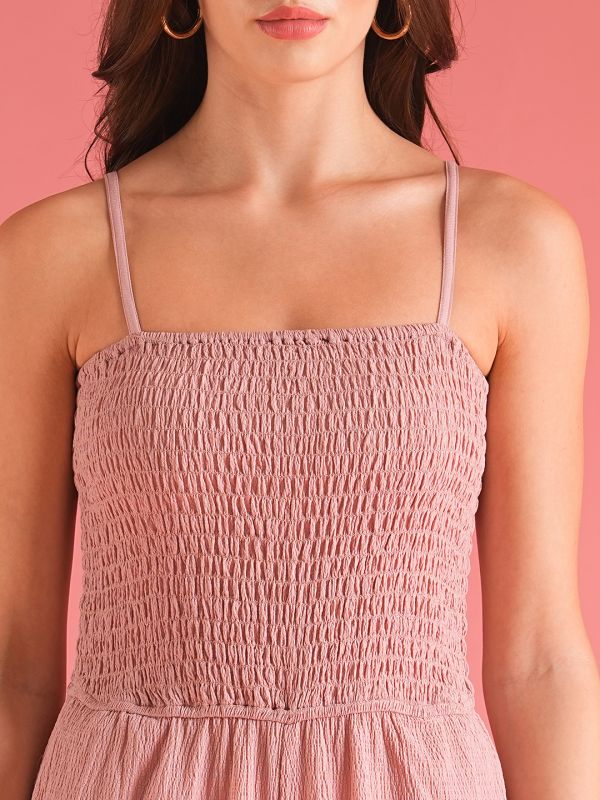 Globus Women Dusty Pink Square Neck Strappy Shoulder Self Design Stretchable Smocked Jumpsuit