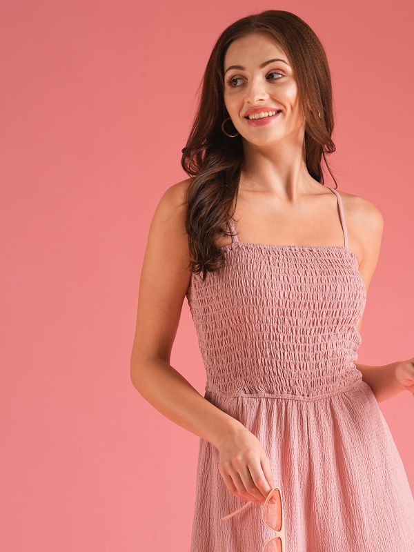 Globus Women Dusty Pink Square Neck Strappy Shoulder Self Design Stretchable Smocked Jumpsuit