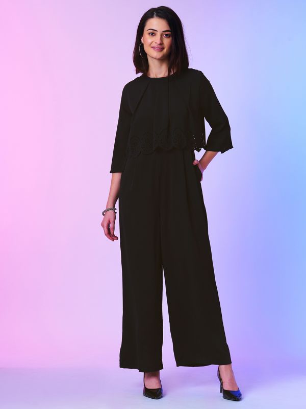Globus Women Black Wide-Leg Jumpsuit With Cut Work Detail