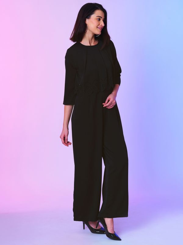 Globus Women Black Wide-Leg Jumpsuit With Cut Work Detail