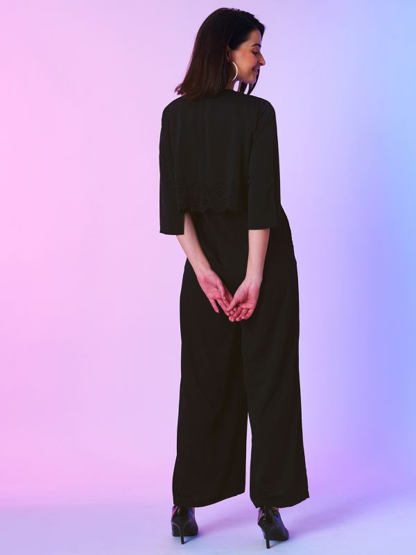 Globus Women Black Wide-Leg Jumpsuit With Cut Work Detail