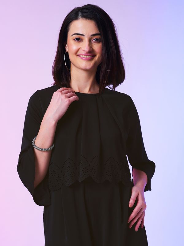 Globus Women Black Wide-Leg Jumpsuit With Cut Work Detail
