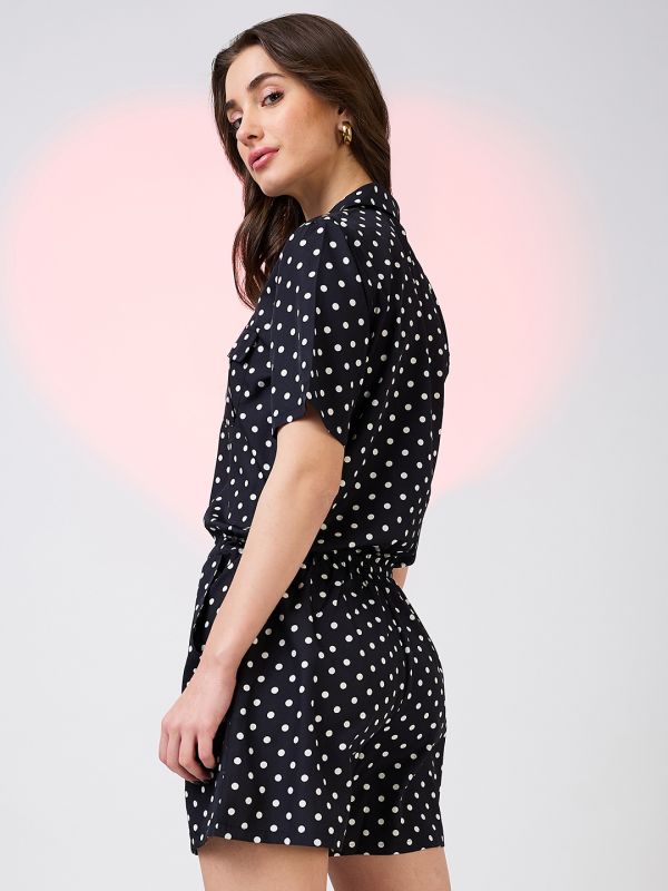 Globus Women Black Polka Dots Notched Lapel Waist Tie-Ups Front Pockets Utility Playsuit  