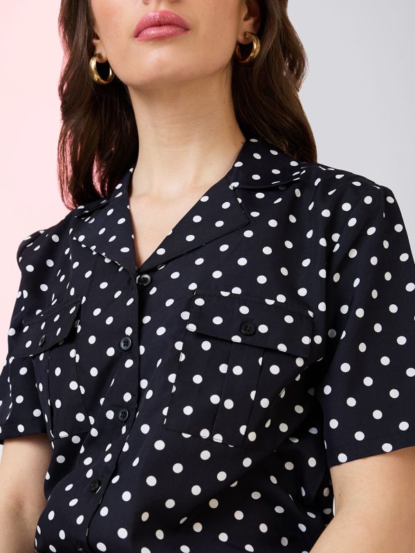 Globus Women Black Polka Dots Notched Lapel Waist Tie-Ups Front Pockets Utility Playsuit  