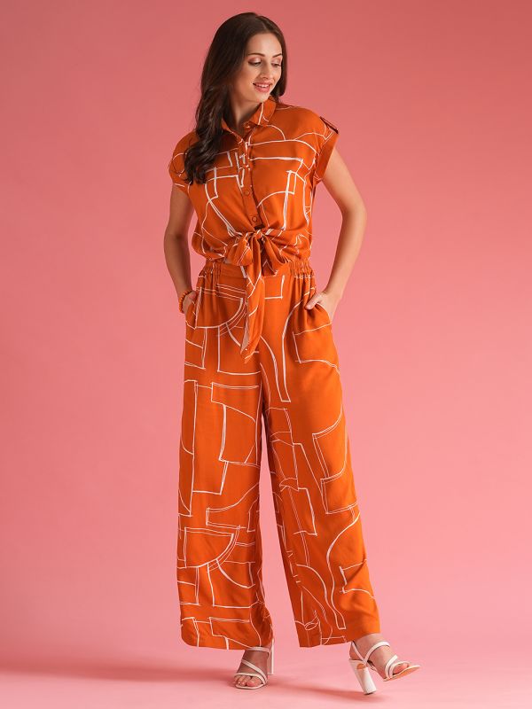 Globus Women Brown Shirt Collar Extended Sleeves Abstract Print Cut Out Detail Waist Tie-Up Jumpsuit