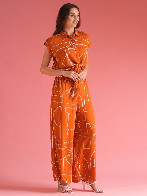 Globus Women Brown Shirt Collar Extended Sleeves Abstract Print Cut Out Detail Waist Tie-Up Jumpsuit