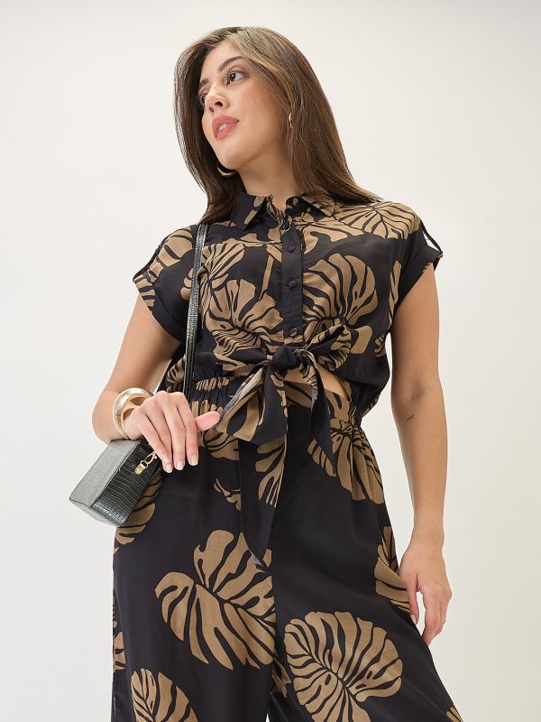 Globus Women Black Shirt Collar Extended Sleeves Tropical Print Cut Out Detail Waist Tie-Up Jumpsuit