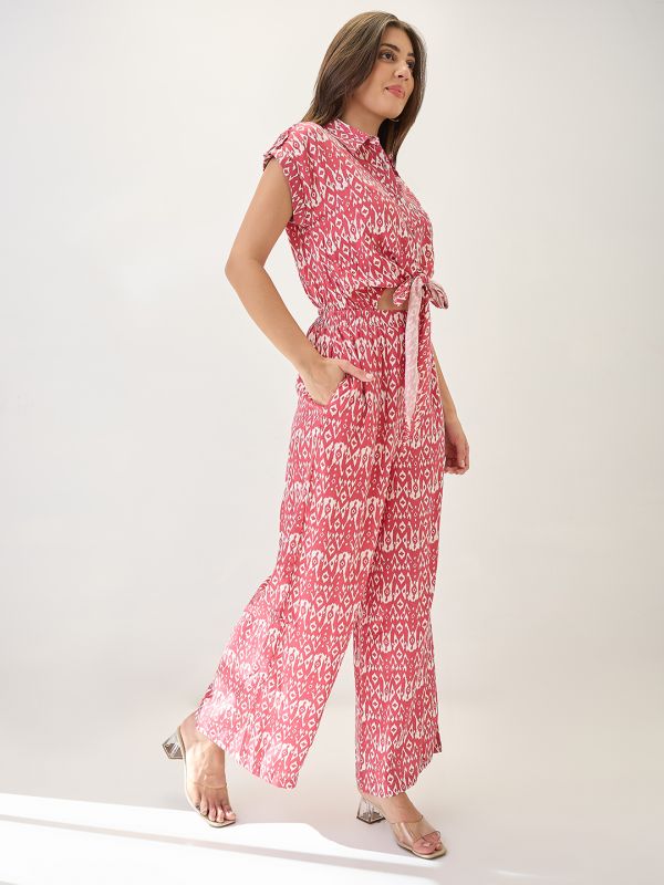 Globus Women Pink Shirt Collar Extended Sleeves Abstract Print Cut Out Detail Waist Tie-Up Jumpsuit
