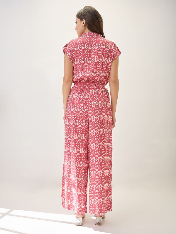 Globus Women Pink Shirt Collar Extended Sleeves Abstract Print Cut Out Detail Waist Tie-Up Jumpsuit