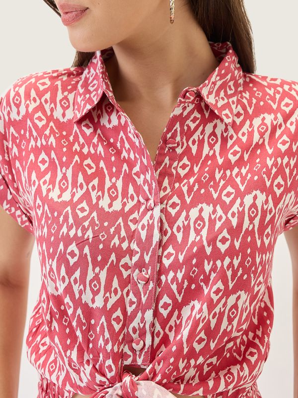 Globus Women Pink Shirt Collar Extended Sleeves Abstract Print Cut Out Detail Waist Tie-Up Jumpsuit