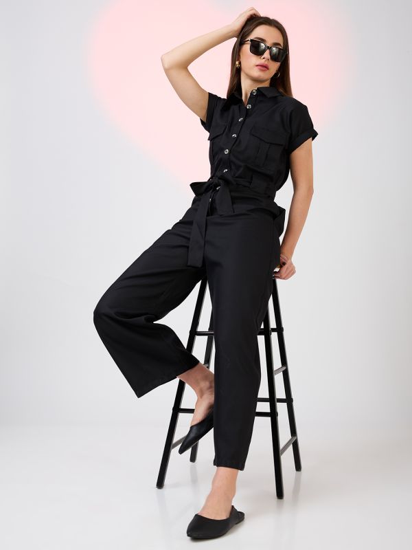 Globus Women Black Shirt Collar Extended Sleeves Front Pockets Utility Belted Jumpsuit