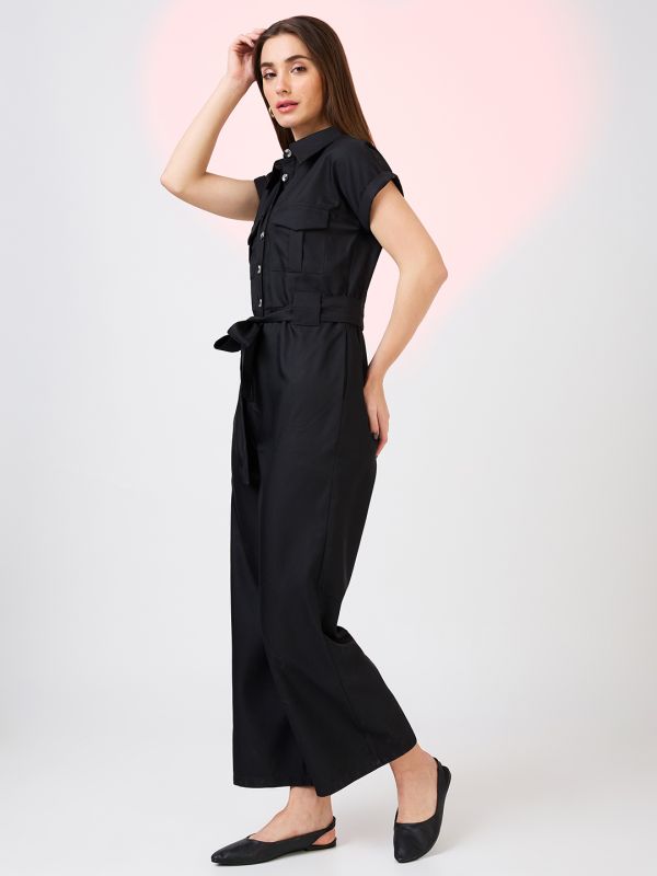Globus Women Black Shirt Collar Extended Sleeves Front Pockets Utility Belted Jumpsuit