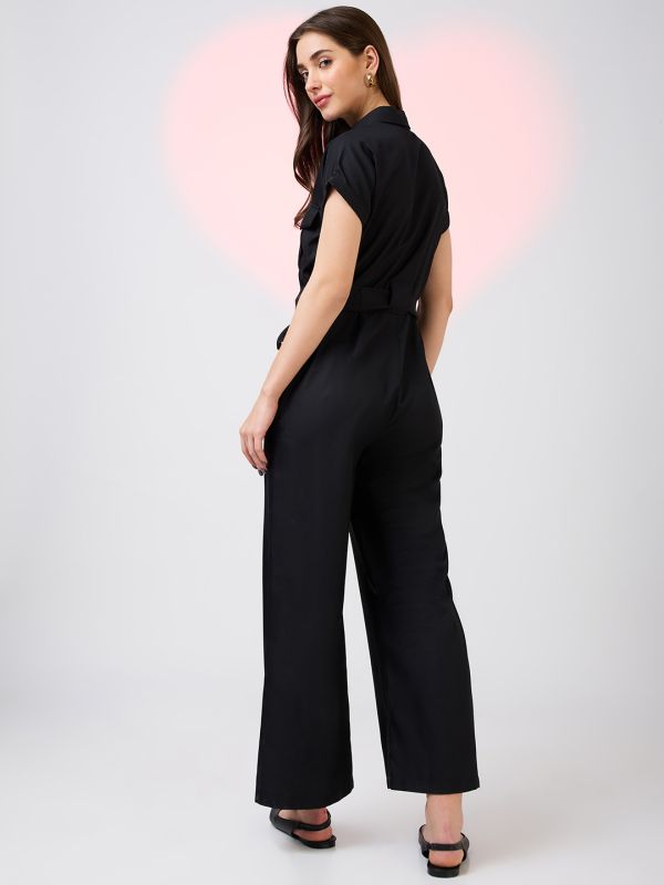 Globus Women Black Shirt Collar Extended Sleeves Front Pockets Utility Belted Jumpsuit