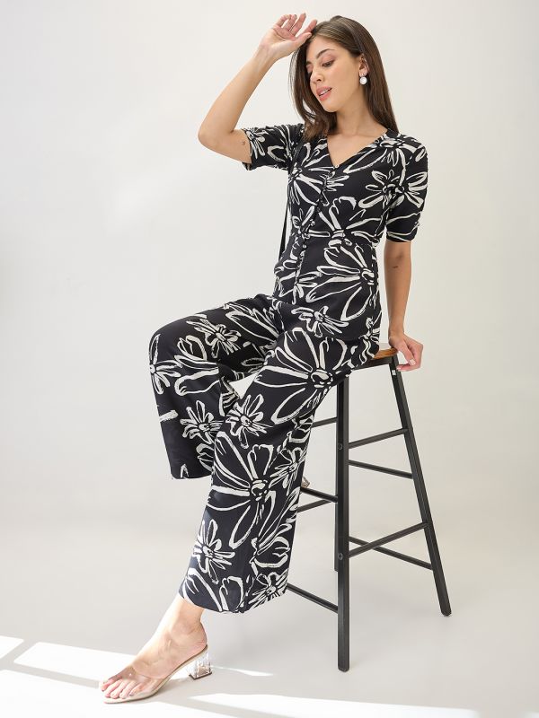 Globus Women Black V-Neck Ruched Sleeves Floral Print Longline Jumpsuit
