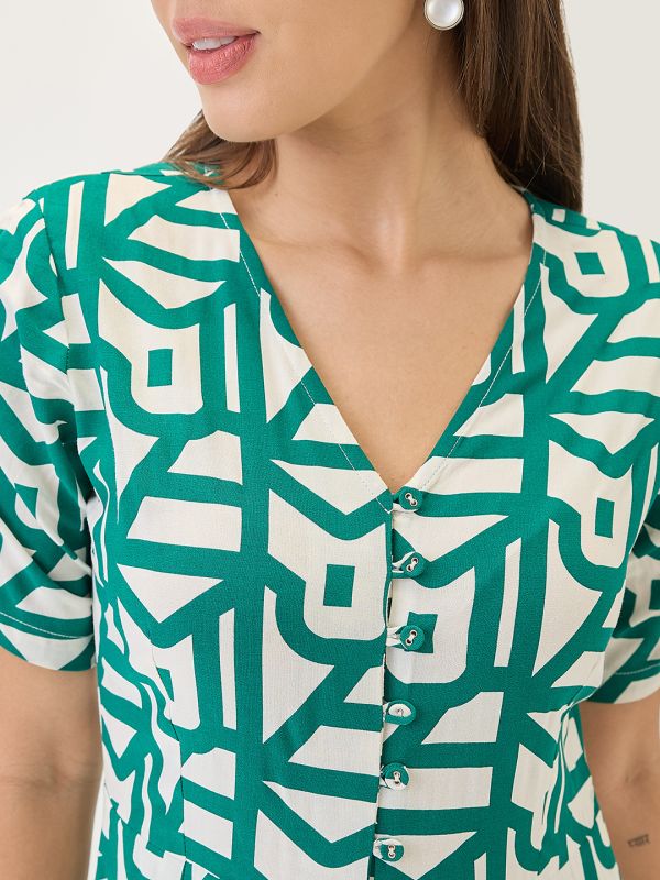 Globus Women Green V-Neck Ruched Sleeves Abstract Print Longline Jumpsuit
