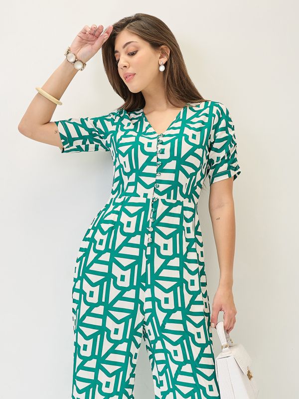 Globus Women Green V-Neck Ruched Sleeves Abstract Print Longline Jumpsuit