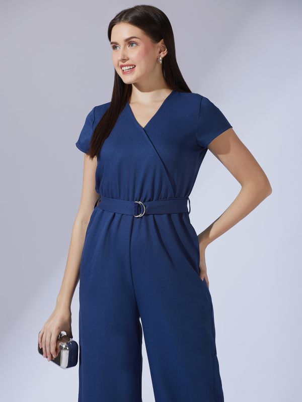 Globus Women Navy Blue Wrap V-Neck Short Sleeves Belted Long Jumpsuit
