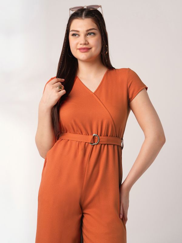 Globus Women Rust Wrap V-Neck Short Sleeves Belted Long Jumpsuit